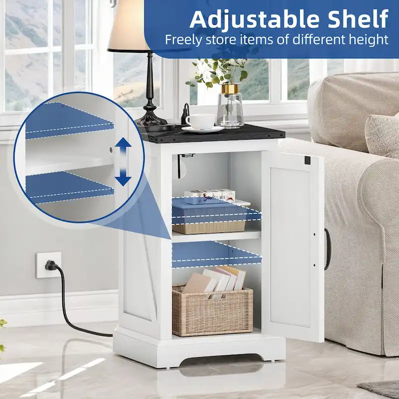 Farmhouse End Table with Charging Station and Adjustable Shelf