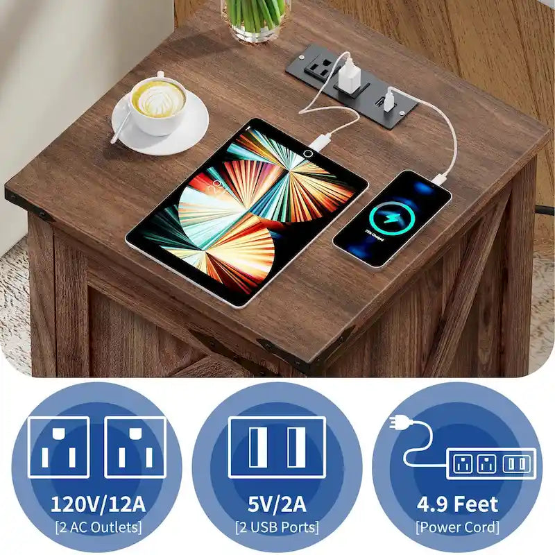 Farmhouse End Table with Charging Station and Adjustable Shelf