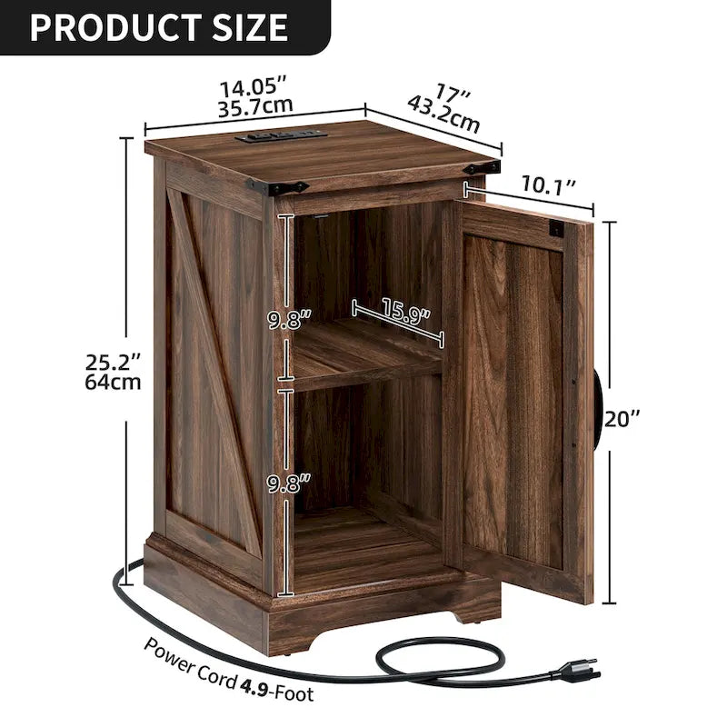 Farmhouse End Table with Charging Station and Adjustable Shelf