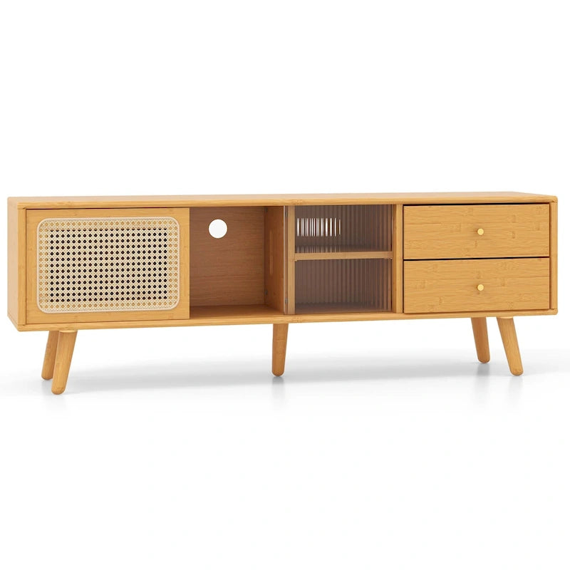 Bamboo TV Stand with Rattan Doors and 2 Drawers