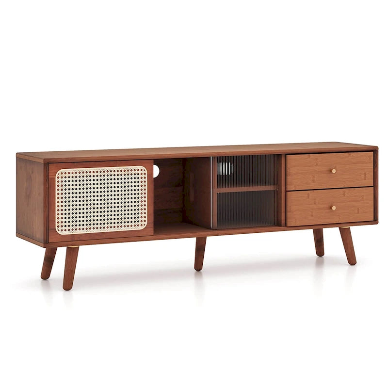 Bamboo TV Stand with Rattan Doors and 2 Drawers