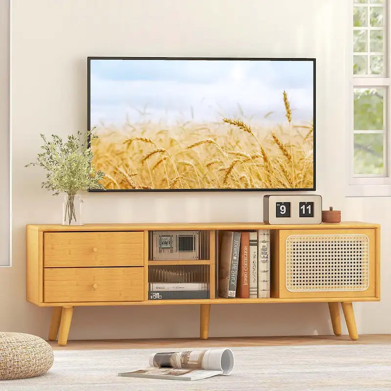 Bamboo TV Stand Console Table with PE Rattan Door & 2 Drawers