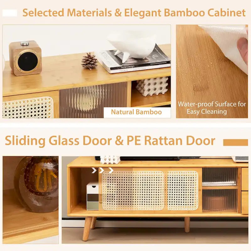 Bamboo TV Stand with Rattan Doors and 2 Drawers