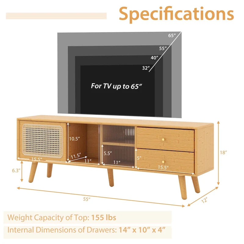 Bamboo TV Stand with Rattan Doors and 2 Drawers
