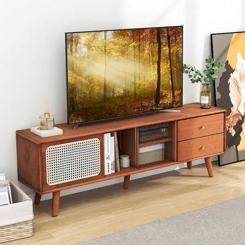 Bamboo TV Stand with Rattan Doors and 2 Drawers