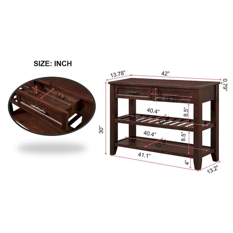 42-Inch Wood Buffet Sideboard with Drawers and Open Shelves