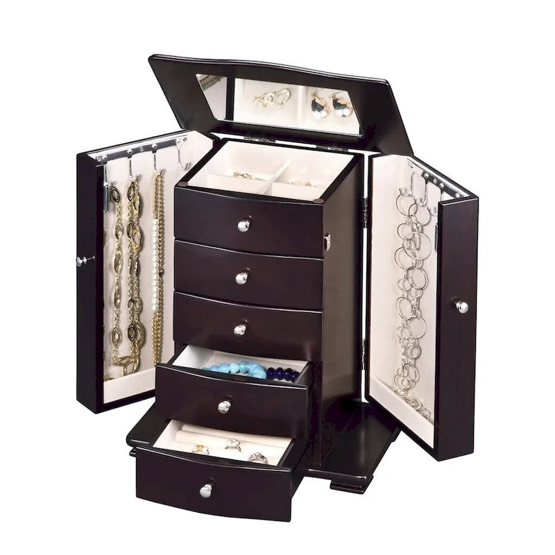 Tall Brown Wooden Jewelry Box with Mirror and Four Drawers