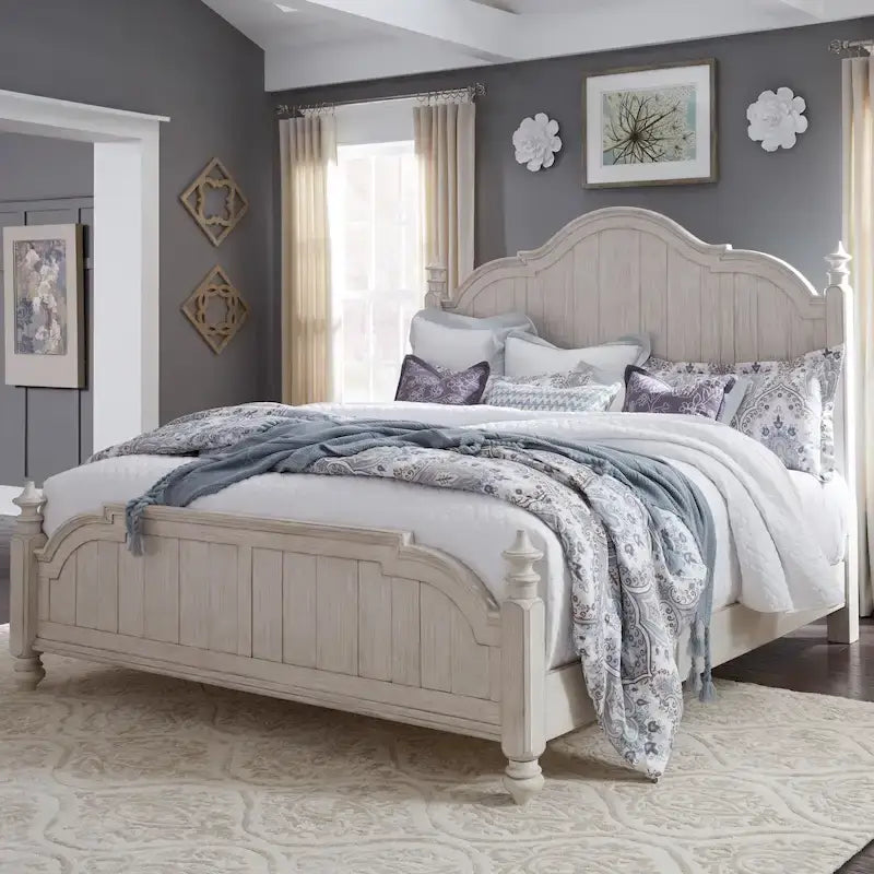 Antique White Queen Poster Bed with Chestnut Tops