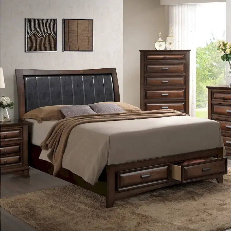 Helles Espressofarbenes Holzplattformbett für Kingsize-Matratze mit Stauraum