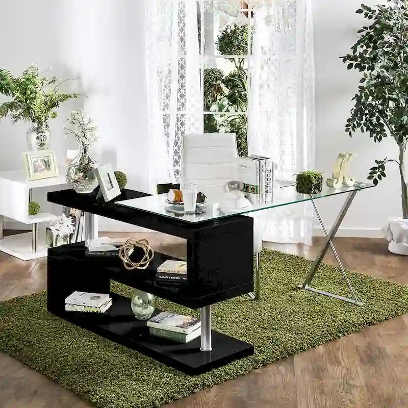 Contemporary 59-inch Convertible Computer Desk with Glass Top