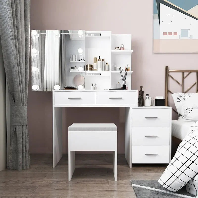 Makeup Vanity Table Set with LED Lights and Stool