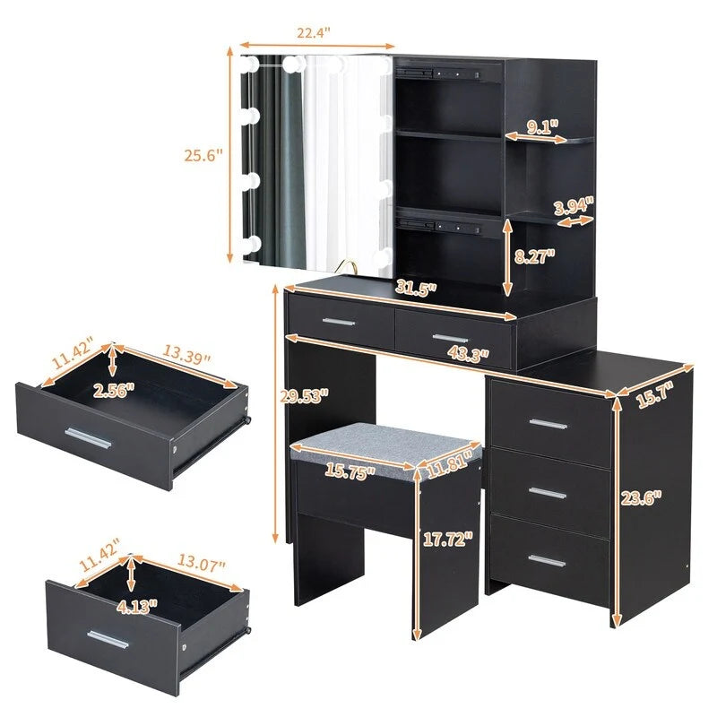 Makeup Vanity Table Set with LED Lights and Stool