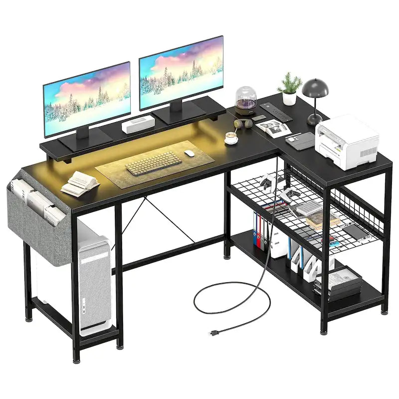 L-Shaped Computer Desk with Monitor Riser, Power Outlets & LED Light