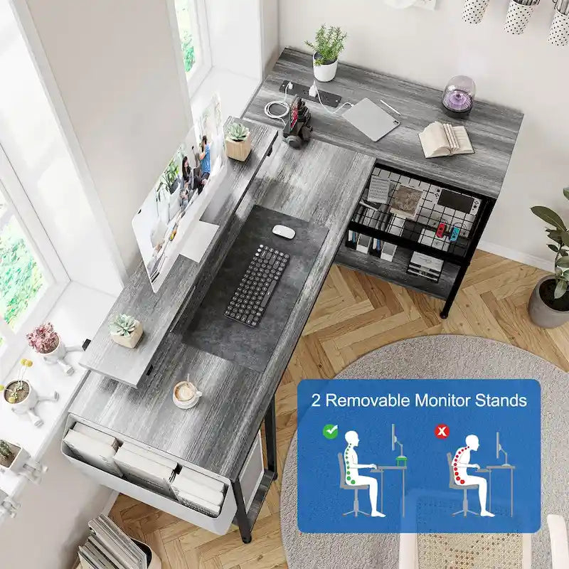 Počítačový stůl ve tvaru L s podstavcem pod monitor, elektrickými zásuvkami a LED osvětlením