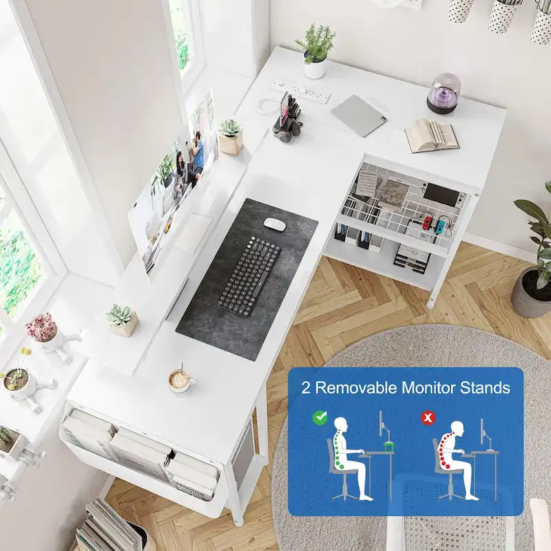 Počítačový stůl ve tvaru L s podstavcem pod monitor, elektrickými zásuvkami a LED osvětlením