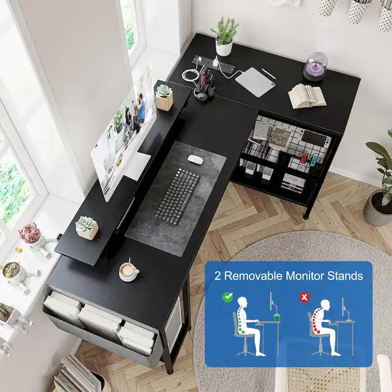 Počítačový stůl ve tvaru L s podstavcem pod monitor, elektrickými zásuvkami a LED osvětlením