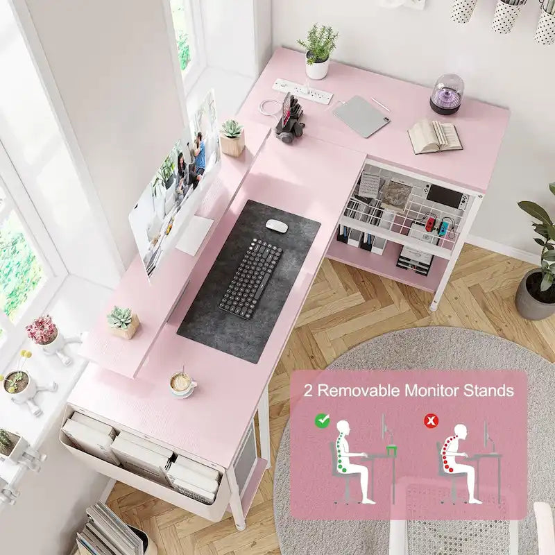 Počítačový stůl ve tvaru L s podstavcem pod monitor, elektrickými zásuvkami a LED osvětlením