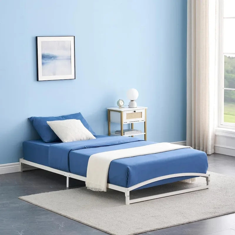 White Low-Profile Metal Platform Bed Frame, 6-Inch Height