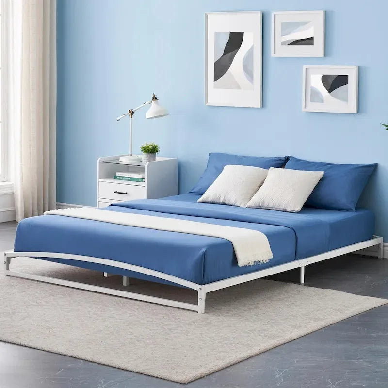 White Low-Profile Metal Platform Bed Frame, 6-Inch Height