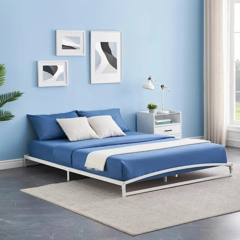 White Low-Profile Metal Platform Bed Frame, 6-Inch Height