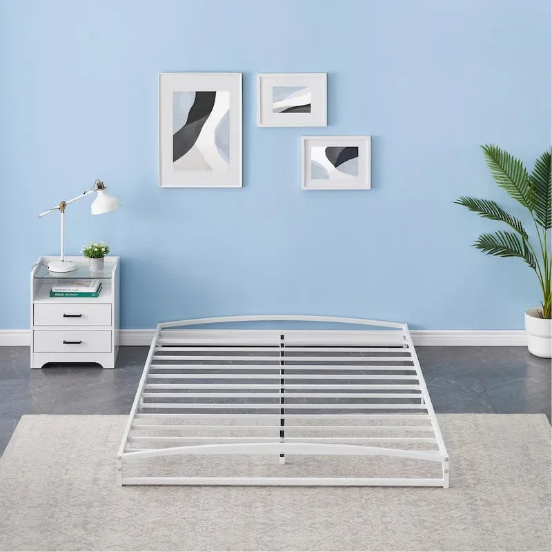 White Low-Profile Metal Platform Bed Frame, 6-Inch Height