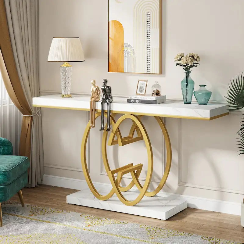 55 Inch Faux Marble Console Table Gold Sofa Table for Entryway