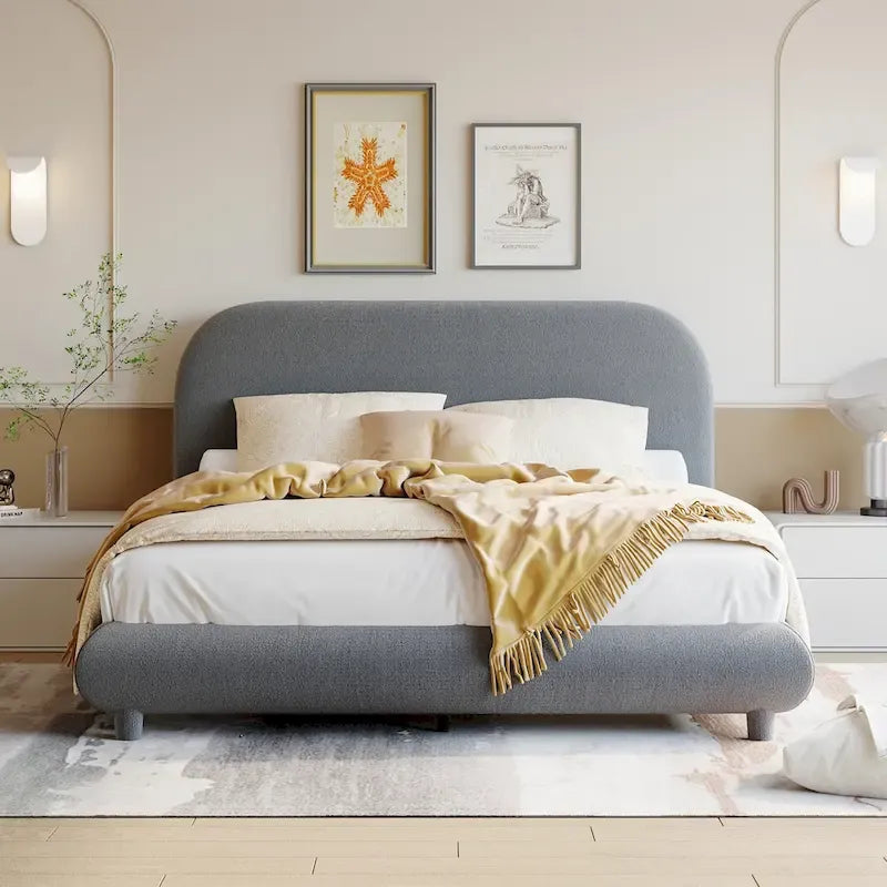 Full Size Fleece Upholstered Platform Bed with Curved Frame