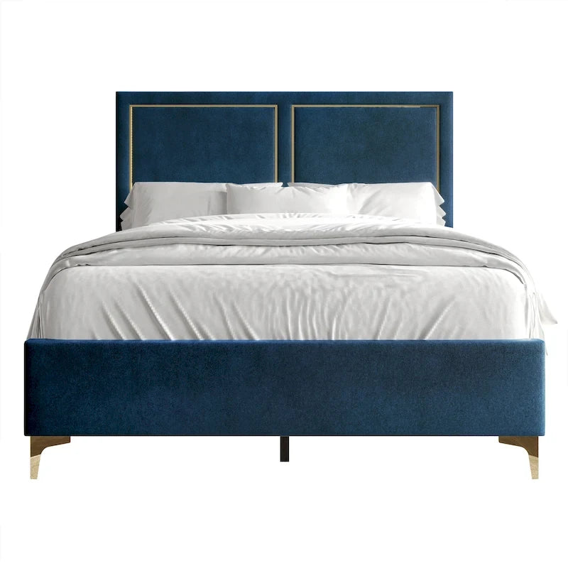 Minimalist Upholstered Velvet Bed with Gold Accent