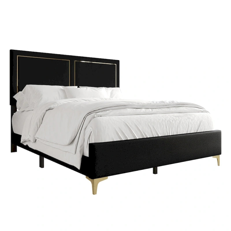 Minimalist Upholstered Velvet Bed with Gold Accent