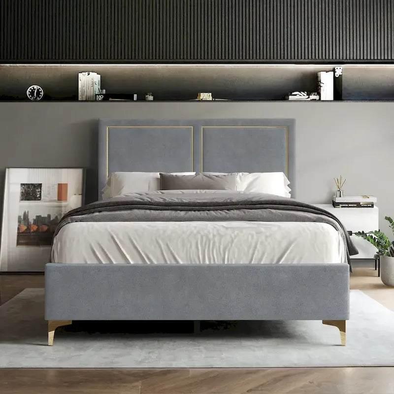 Minimalist Upholstered Velvet Bed with Gold Accent