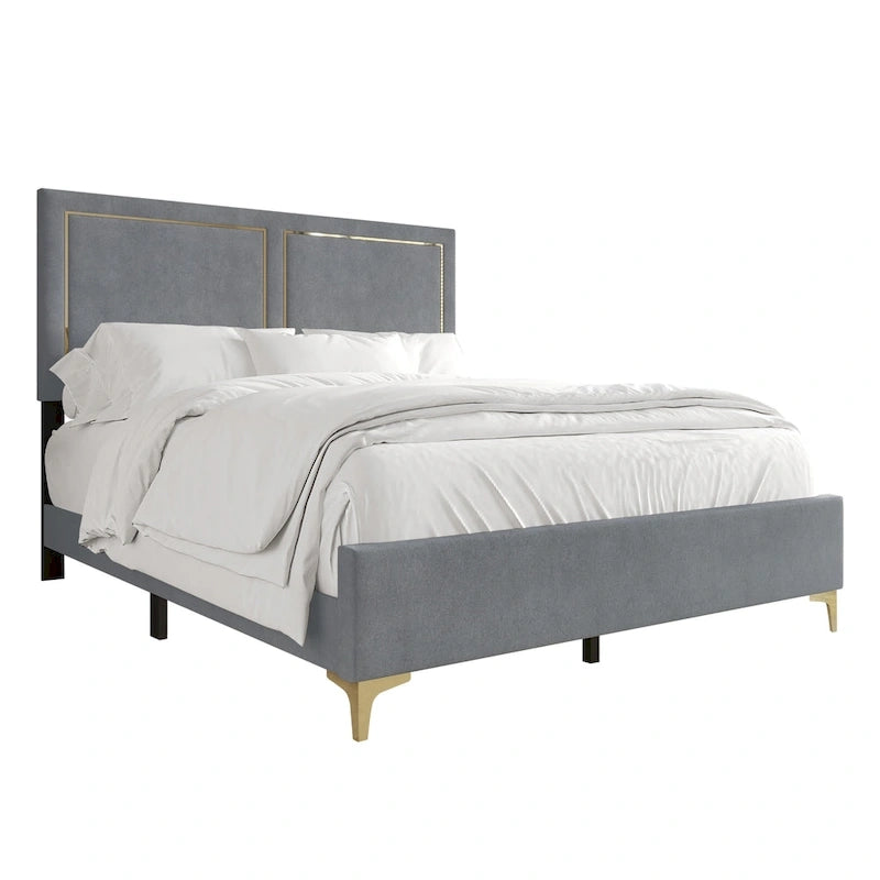 Minimalist Upholstered Velvet Bed with Gold Accent
