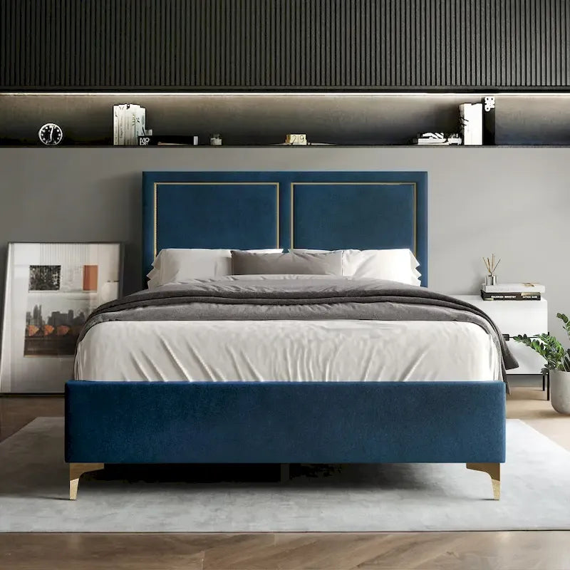 Minimalist Upholstered Velvet Bed with Gold Accent
