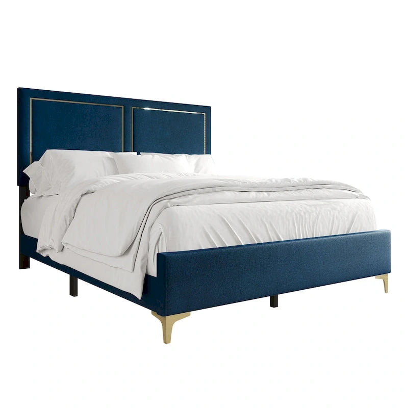 Minimalist Upholstered Velvet Bed with Gold Accent
