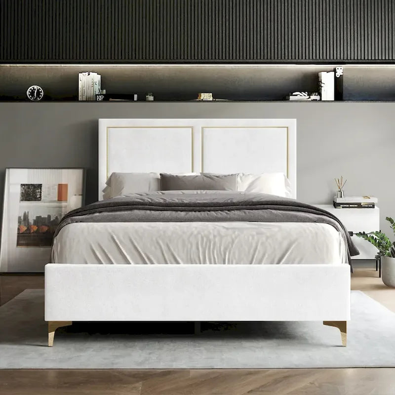 Minimalist Upholstered Velvet Bed with Gold Accent