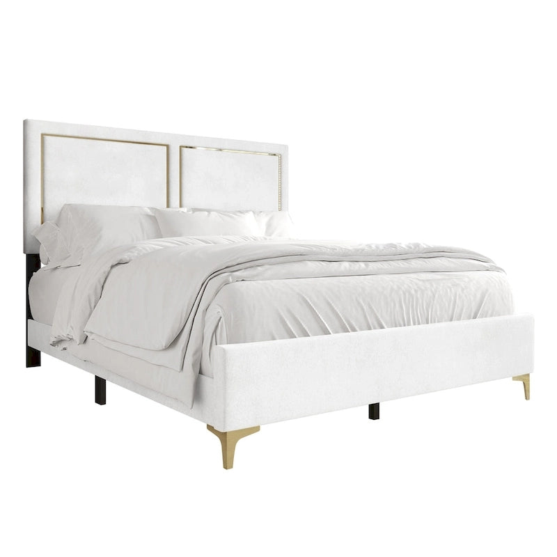 Minimalist Upholstered Velvet Bed with Gold Accent