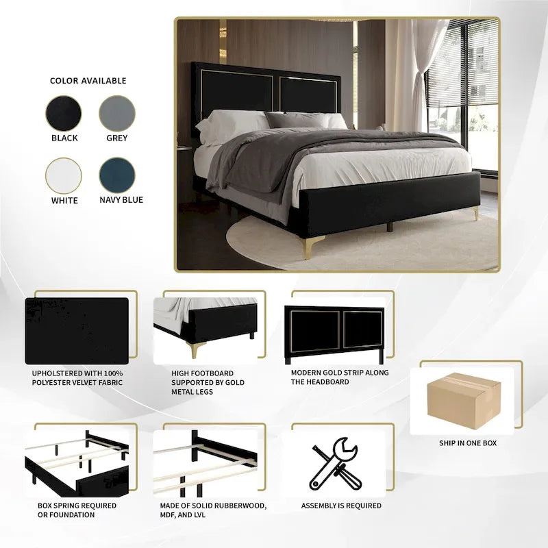 Minimalist Upholstered Velvet Bed with Gold Accent