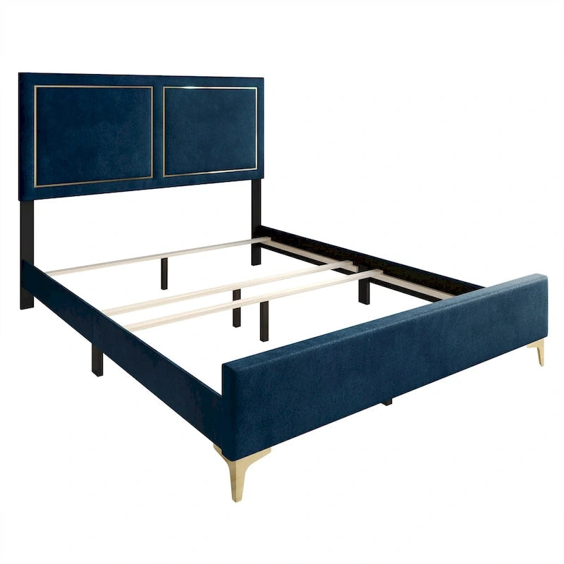 Minimalist Upholstered Velvet Bed with Gold Accent