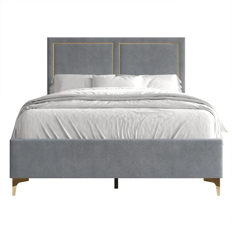 Minimalist Upholstered Velvet Bed with Gold Accent