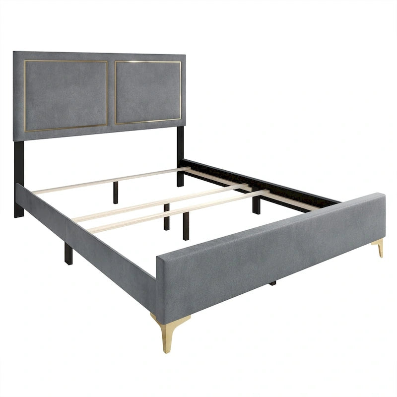 Minimalist Upholstered Velvet Bed with Gold Accent