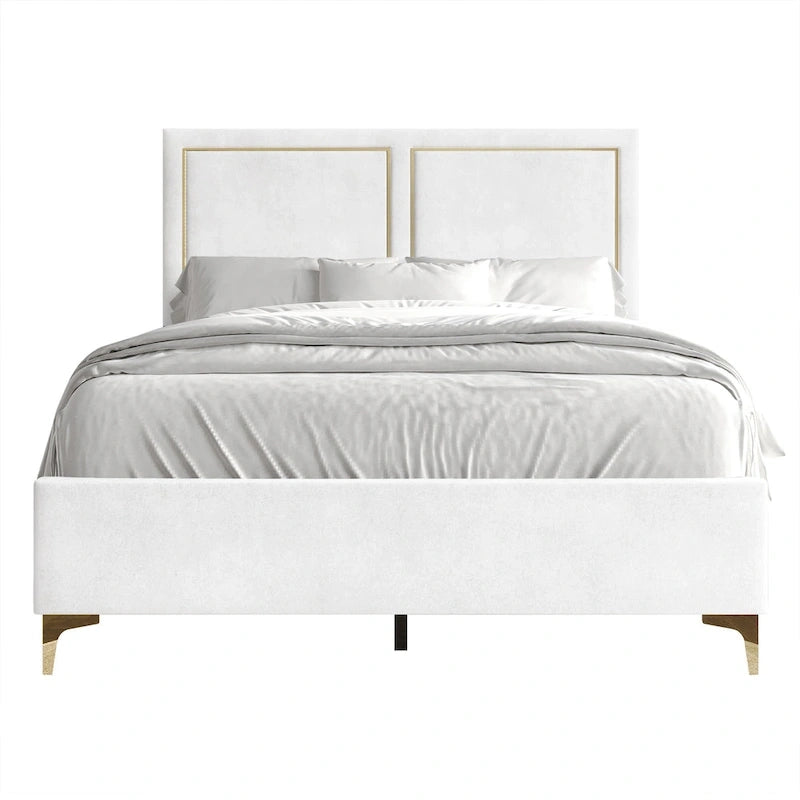 Minimalist Upholstered Velvet Bed with Gold Accent