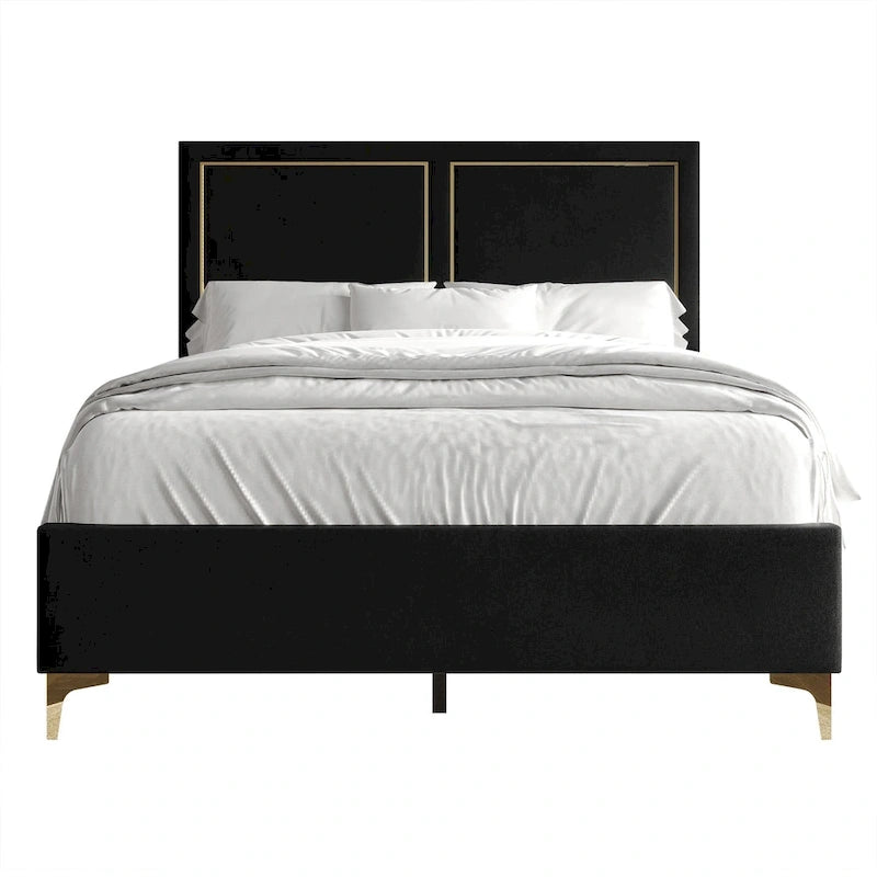 Minimalist Upholstered Velvet Bed with Gold Accent