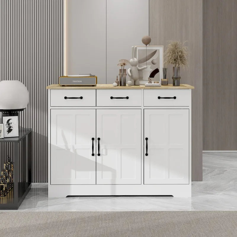 White Farmhouse Sideboard with 3 Drawers and Adjustable Shelves