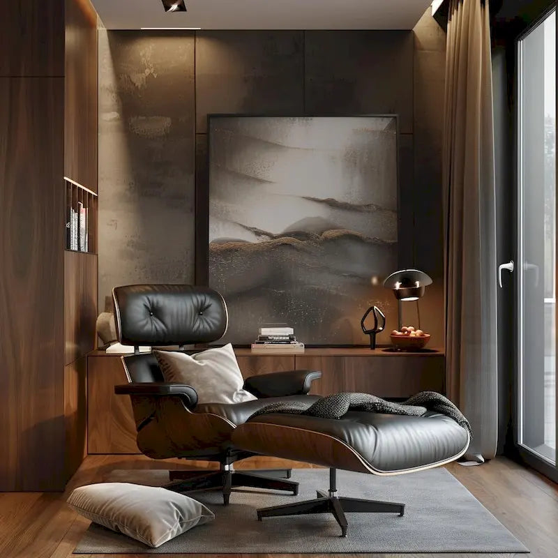 Poltrona relax in pelle stile Mid-Century con poggiapiedi