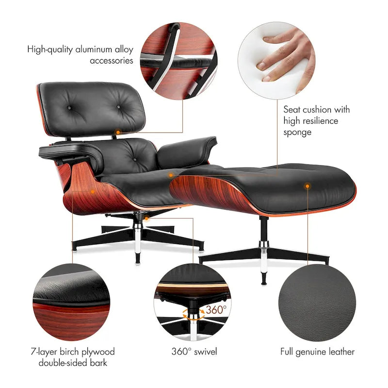 Poltrona relax in pelle stile Mid-Century con poggiapiedi