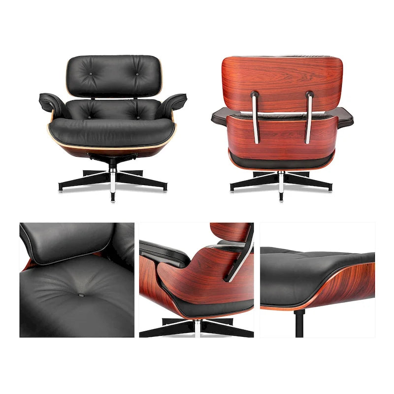Poltrona relax in pelle stile Mid-Century con poggiapiedi