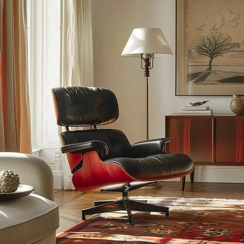 Poltrona relax in pelle stile Mid-Century con poggiapiedi