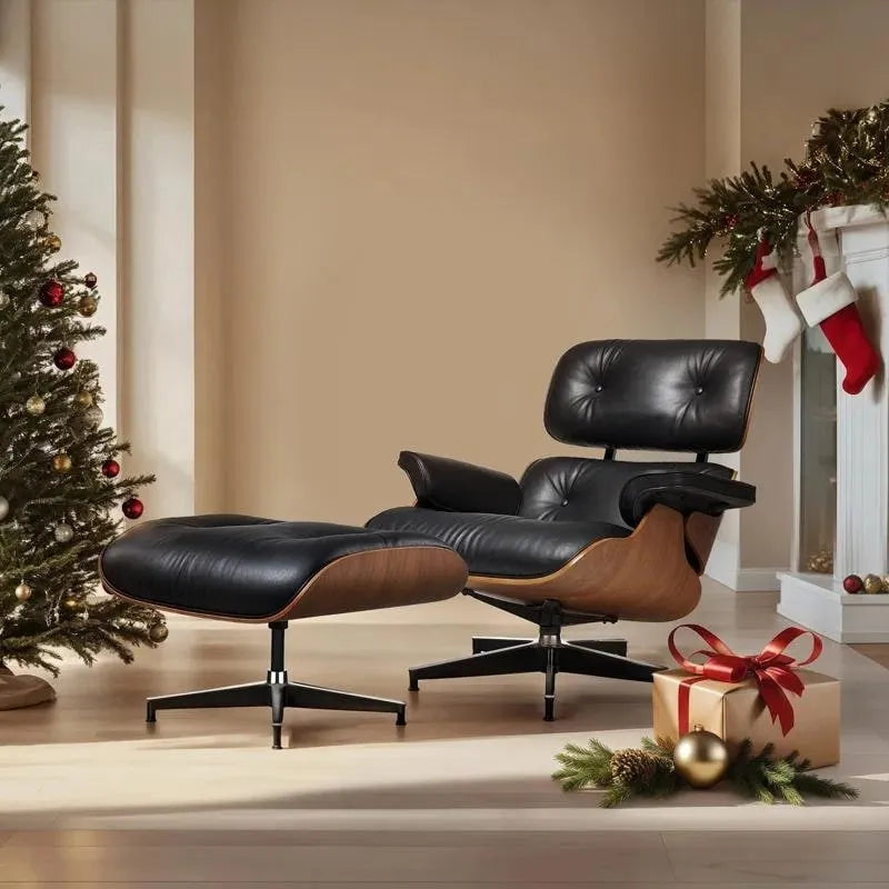 Poltrona relax in pelle stile Mid-Century con poggiapiedi
