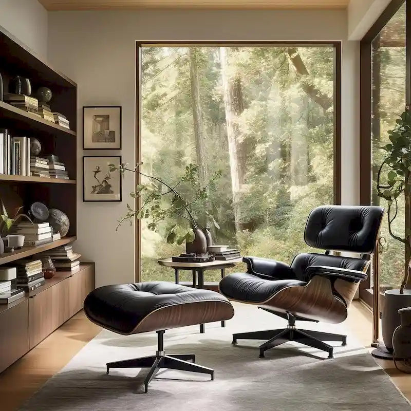 Poltrona relax in pelle stile Mid-Century con poggiapiedi