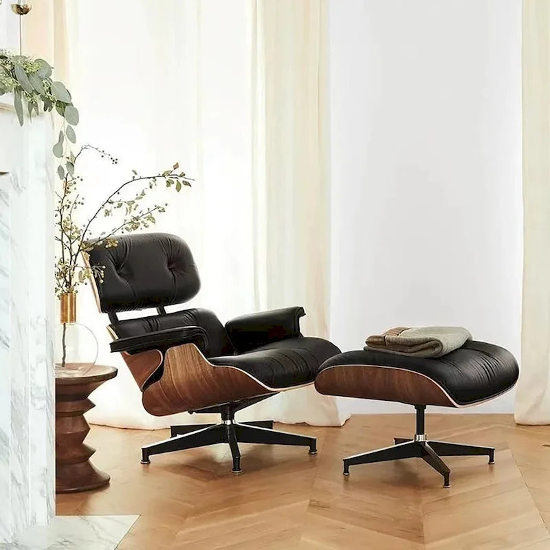 Poltrona relax in pelle stile Mid-Century con poggiapiedi