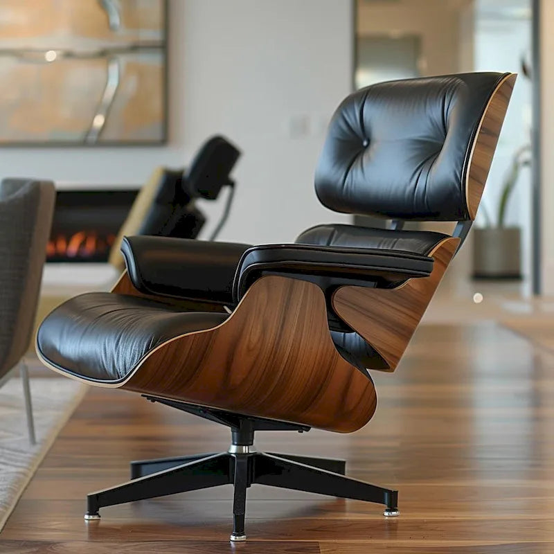 Poltrona relax in pelle stile Mid-Century con poggiapiedi